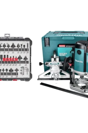 Makita RP 2303 FCXJ Défonceuse 2100 watt 70 mm stroke + stop + 30 pcs. tool set jeu de fraises + Makpac Pas Cher