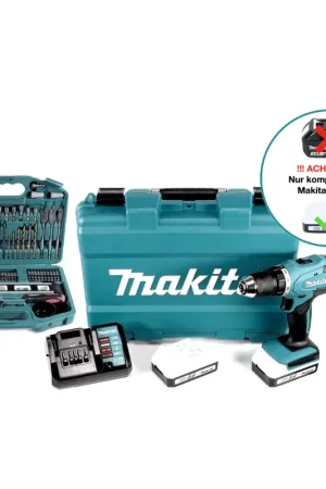 Authentique Makita DF 457 DWE 10 Perceuse-visseuse sans fil 42Nm série G 18V + 2x Batteries 1,5Ah + Chargeur + Coffret + Set de 101 Embouts de perçage