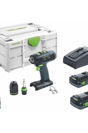 Promotion Festool T 18+3 HPC 4.0 I-Set perceuse-visseuse sans fil 18 V 50 Nm sans balais (576989) + 2x batterie 4,0 Ah + chargeur + accessoire excentrique + accessoire d'angle + systainer