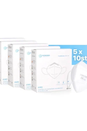 Marque Shengang 50x FFP2 Masque certifié CE conforme aux normes pharmaceutiques protection de la bouche, du nez et de l'haleine 5-PlisISO9001:2015 / EN149 2001 A1:2009