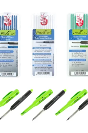 Promotion Pica DRY Advantage Pack - 3x Marqueurs automatiques Longlife pour trous profonds + 30x Recharges spéciales Résistant au jet d'eau Bleu Blanc Vert