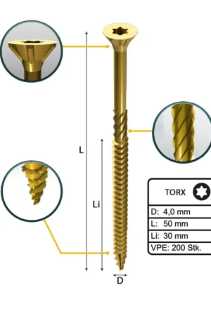 Achat Immédiat FORTE Tools Vis à bois universelle 4,0 x 50 mm T20, Galvanisée jaune, Tête fraisée Torx, Filetage partiel, 200 pcs. (000051399475)