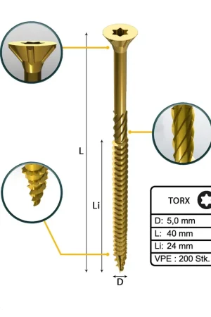 Affaire À Saisir FORTE Tools Vis à bois universelle 5,0 x 40 mm T25, Galvanisée jaune, Tête fraisée Torx, Filetage partiel, 200 pcs. (000051399485)