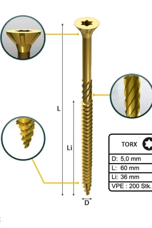 Certifié FORTE Tools Vis à bois universelle 5,0 x 60 mm T25, Galvanisée jaune, Tête fraisée Torx, Filetage partiel, 200 Pcs. (000051399487)