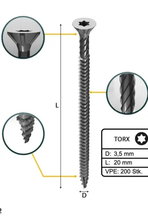 Achetez Aujourd'hui FORTE Tools Vis à bois universelle, 3,5 x 20 mm, T15, Argent galvanisé, Tête fraisée Torx, Filetage total, 200 pcs. (000040113861)