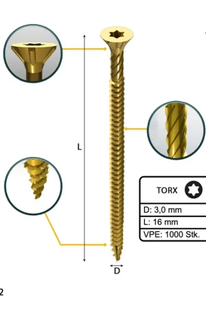 FORTE Tools Vis à bois universelle 3,0 x 16 mm T10, Galvanisée jaune, Tête fraisée Torx, Filetage total, 1000 pcs. (2x 00005139946) Meilleur Prix
