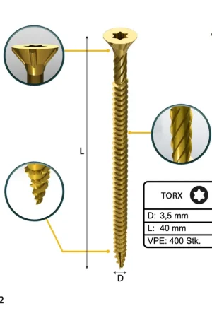 FORTE Tools Vis à bois universelle 3,5 x 40 mm T15, Galvanisée jaune, Tête fraisée Torx, Filetage total, 400 pcs. ( 2x 000051399470 ) Offre Spéciale