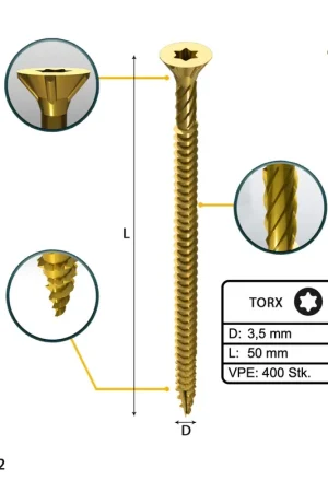 Authentique FORTE Tools Vis à bois universelle 3,5 x 50 mm T15, Galvanisée jaune, Tête fraisée Torx, Filetage total, 400 pcs. (2x 000051399471)