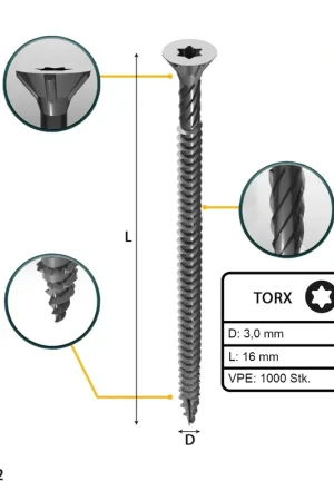 FORTE Tools Vis à bois universelle 3,0 x 16 mm T10, Argent galvanisé, Tête fraisée Torx, Filetage total, 1000 pcs. (2x 000040113856) Usine Directe