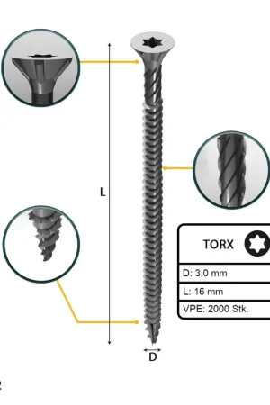 Seulement Aujourd'hui FORTE Tools Vis à bois universelle 3,0 x 16 mm T10, Argent galvanisé, Tête fraisée Torx, Filetage total, 2000 pcs. (4x 000040113856)