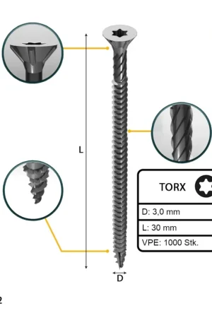 FORTE Tools Vis à bois universelle 3,0 x 30 mm T10, Argent galvanisé, Tête fraisée Torx, Filetage total, 1000 pcs. (2x 000040113859) Dernier Modèle