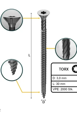 FORTE Tools Vis à bois universelle 3,0 x 30 mm T10, Argent galvanisé, Tête fraisée Torx, Filetage total, 2000 pcs. (2x 000040113859) Prix Choc
