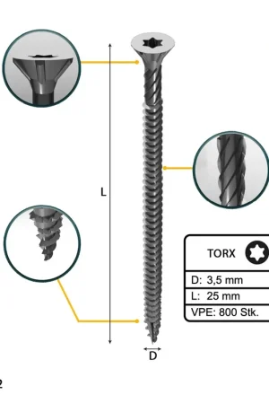Authentique FORTE Tools Vis à bois universelle 3,5 x 25 mm T15, Argent galvanisé, Tête fraisée Torx, Filetage total, 800 pcs. (4x 000040113862)