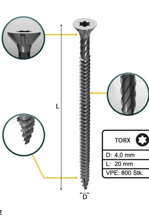 Certifié FORTE Tools Vis à bois universelle, 4,0 x 20 mm, T20, Argent galvanisé, Tête fraisée Torx, Filetage total, 800 pcs. (4x 000040113867)