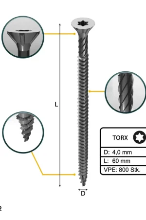 Achat Immédiat FORTE Tools Vis à bois universelle 4,0 x 60 mm T20 - 800 pièces (4x 000040113871) zingué argent Torx fraisé filetage complet