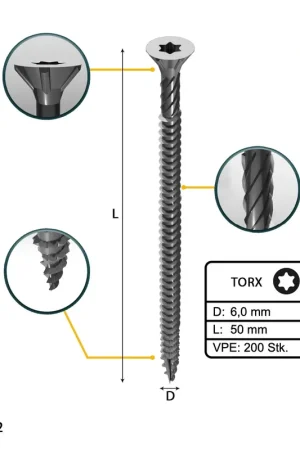Soldes FORTE Tools Vis à bois universelle 6,0 x 50 mm T30, Argent galvanisé, Tête fraisée Torx, Filetage total, 200 pcs. (2x 000040113888)