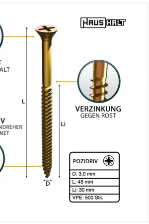 Expédié Aujourd'hui HausHalt Vis à bois universelle 3,0 x 45 mm PZ1 - 500 pièces (000051371129)