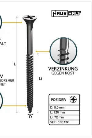 Bon Marché HausHalt Vis à bois universelle 5,0 x 120 mm PZ2 - 100 pièces (000051371185)