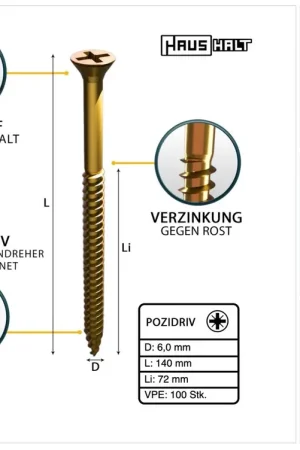 Bon Plan HausHalt Vis à bois universelle 6,0 x 140 mm PZ3 - 100 pièces (000051371217)