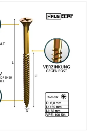 HausHalt Vis à bois universelle 6,0 x 160 mm PZ3 - 100 pièces (000051371220) Expédition Rapide