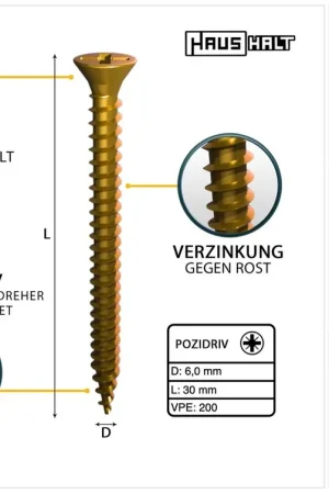 HausHalt Vis à bois universelle 6,0 x 30 mm PZ3 - 200 pièces (000051371225) Pas Cher