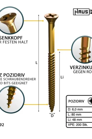 HausHalt Vis à bois universelle 6,0 x 80 mm PZ3 - 200 pièces (000051371233) zingué jaune Phillips Pozidriv filetage partiel à tête fraisée Commande En Gros