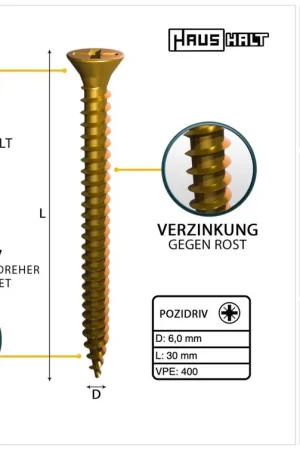 HausHalt Vis à bois universelle 6,0x30mm - PZ3 - Zinguée jaune - Cruciforme Pozidriv - Tête fraisée - Filetage complet - 400 pcs. (2x 000051371225) Promotion