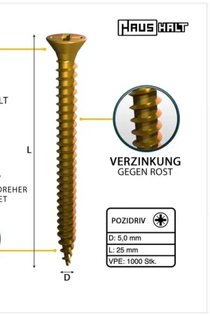 Acheter Direct HausHalt Vis à bois universelle 5,0x25mm - PZ2 - zinguée jaune - Cruciforme Pozidriv - Tête fraisée - Filetage total - 1000 pcs. (2x 000051371188)