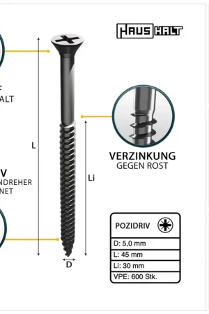 Acheter En Ligne HausHalt Vis à bois universelle 5,0x45mm - PZ2 - Zinguée argentée - Cruciforme Pozidriv - Tête fraisée - Filetage partiel - 600 pcs. (2x 000051371196)
