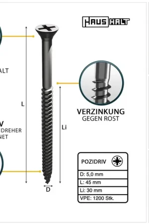 HausHalt Vis à bois universelle 5,0x45mm - PZ2 - Zinguée argentée - Cruciforme Pozidriv - Tête fraisée - Filetage partiel - 1200 pcs. (4x 000051371196) Populaire