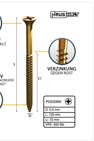 HausHalt Vis à bois universelle 5,0x120mm - PZ2 - Zinguée jaune - Cruciforme Pozidriv - Tête fraisée - Filetage partiel - 400 pcs. (4x 000051371186) Offre Limitée