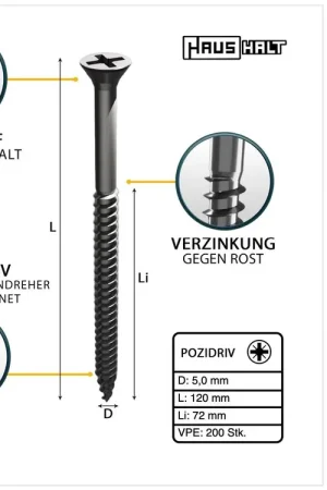 HausHalt Vis à bois universelle 5,0x120mm - PZ2 - Zinguée argentée - Cruciforme Pozidriv - Tête fraisée - Filetage partiel - 200 pcs. (2x 000051371185) Dernier Modèle