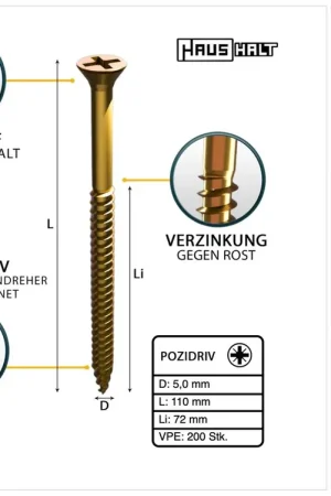Prix Cassé HausHalt Vis à bois universelle 5,0x110mm - PZ2 - Zinguée jaune - Cruciforme Pozidriv - Tête fraisée - Filetage partiel -200 pcs. (2x 000051371184)