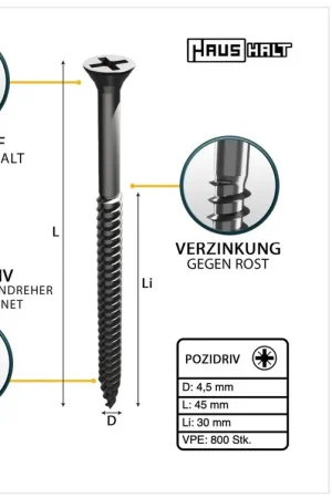 HausHalt Vis à bois universelle 4,5x45mm - PZ2 - Zinguée argentée - Cruciforme Pozidriv - Tête fraisée - Filetage partiel - 800 pcs. (2x 000051371170) Remise