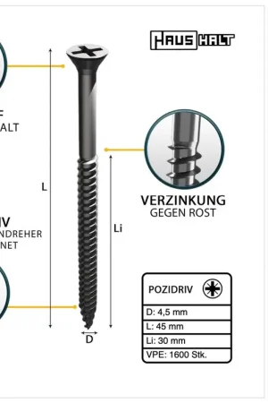 Haute Qualité HausHalt Vis à bois universelle 4,5x45mm - PZ2 - zinguée argentée - Cruciforme Pozidriv - Tête fraisée - Filetage partiel - 1600 pcs. (4x 000051371170)