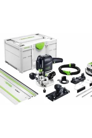 Festool OF 1010 REBQ-Set+Box Défonceuse 1010W Course 55 mm + Coffret Systainer + Set de 10 fraises + Rail de guidage (577186) Prix Réduit