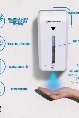Achetez Aujourd'hui Toolbrothers Distributeur de désinfection automatique sans contact - Capteur pour montage mural - Réservoir de 1000 ml - Alimentation secteur et batterie pour les installations publiques