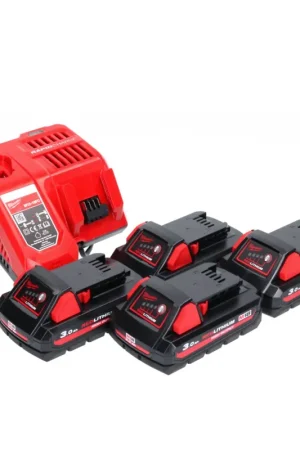 Milwaukee M18 NRG-304 Kit de démarrage sans fil haute puissance 4x 18 V 3,0 Ah / 3000 mAh Li-Ion ( 4x 4932471069 ) + M12-18FC Chargeur ( 4932451079 ) Bon Plan