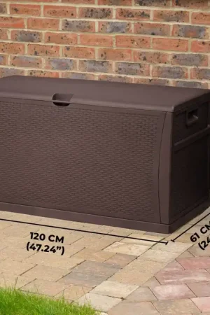 Boîte de rangement extérieure TOUGH MASTER 460L en plastique, aspect rotin, couvercle à charnière avec loquet, étanche et résistant aux intempéries, 120 x 61 x 63 cm, marron (TM-SBR46) Meilleur Choix
