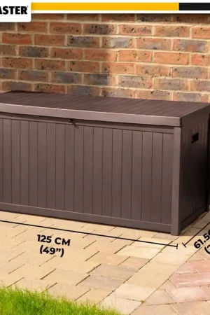 Boîte de rangement en plastique TOUGH MASTER 430L avec charnières, poignée latérale, couvercle verrouillable, résistant à l'eau et aux intempéries avec aspect bois (TM-SBW43H) Livraison Express