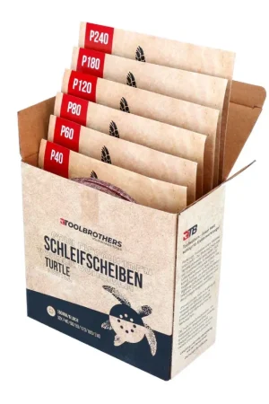 Achat Immédiat Toolbrothers TURTLE Set de ponçage 150 mm Velcro 6 trous 10x P40 / P60 / P80 / P120 / P180 / 240 pour bois dur, bois tendre, vernis, pierre, acier, aluminium, placage