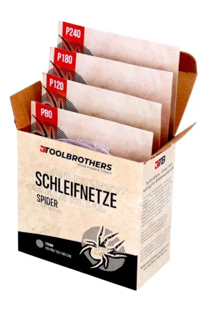 Certifié Toolbrothers SPIDER set de ponçage filet 125 mm Velcro 10x P80 / P120 / P180 / 240 pour bois dur, bois tendre, vernis, pierre, acier, aluminium, placage