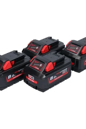 Réduction Milwaukee M18 HB8 Batterie Set 4x 18 V 8,0 Ah / 8000 mAh Li-Ion High Output ( 4x 4932471070 ) avec indicateur de charge
