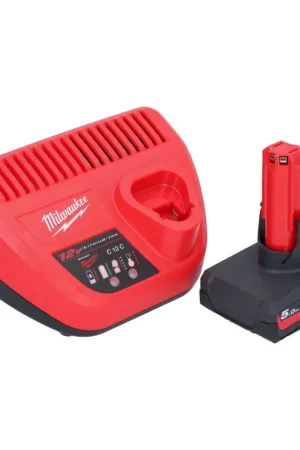Offre Exclusive Milwaukee M12 HNRG-501 Kit de démarrage batterie HB5 High Output 12 V 5,0 Ah / 5000 mAh Li-Ion ( 4932480165 ) + M12-C12C Chargeur de batterie