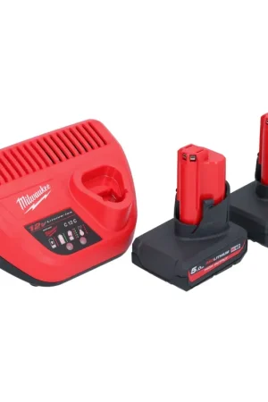 Vente Directe Milwaukee M12 HNRG-502 Kit de démarrage batterie 2x HB5 High Output 12 V 5,0 Ah / 5000 mAh Li-Ion ( 2x 4932480165 ) + chargeur M12-C12C