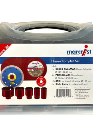 Retour Gratuit Marcrist Kit complet carrelage 125 mm + 1x coupe-carreau + 5x forets à carrelage + 10x disque à tronçonner inox + 1x bride de changement rapide ( 3999.101.354 ) + Coffret