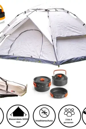 Toolbrothers Outdoor Camping-Set Tente pour 2-4 personnes Tente hydraulique avec matelas isolant & équipement de camping 14 pcs. Dernière Chance