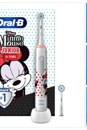 Affaire À Saisir Brosse à dents électrique Oral-B Junior Minnie Mouse Electric Toothbrush pour les enfants à partir de 6 ans Contrôle de la pression à 360° 2 modes de brossage inclus, minuteur, blanc + 2 brossettes de rechange