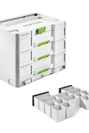 Offre Du Jour Festool SORTAINER SYS 4 TL-SORT/3 Boîte à outils, 3 tiroirs + Set de Casiers coffret 60x60/120x71 3xFT, 17 pcs. (200119) (201124)