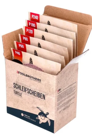 Satisfait Ou Remboursé Toolbrothers TURTLE Set de ponçage 125mm Velcro - 8 trous - 10x P40 / P60 / P80 / P120 / P180 / 240 - pour bois dur, bois tendre, vernis, pierre, acier, aluminium, placage